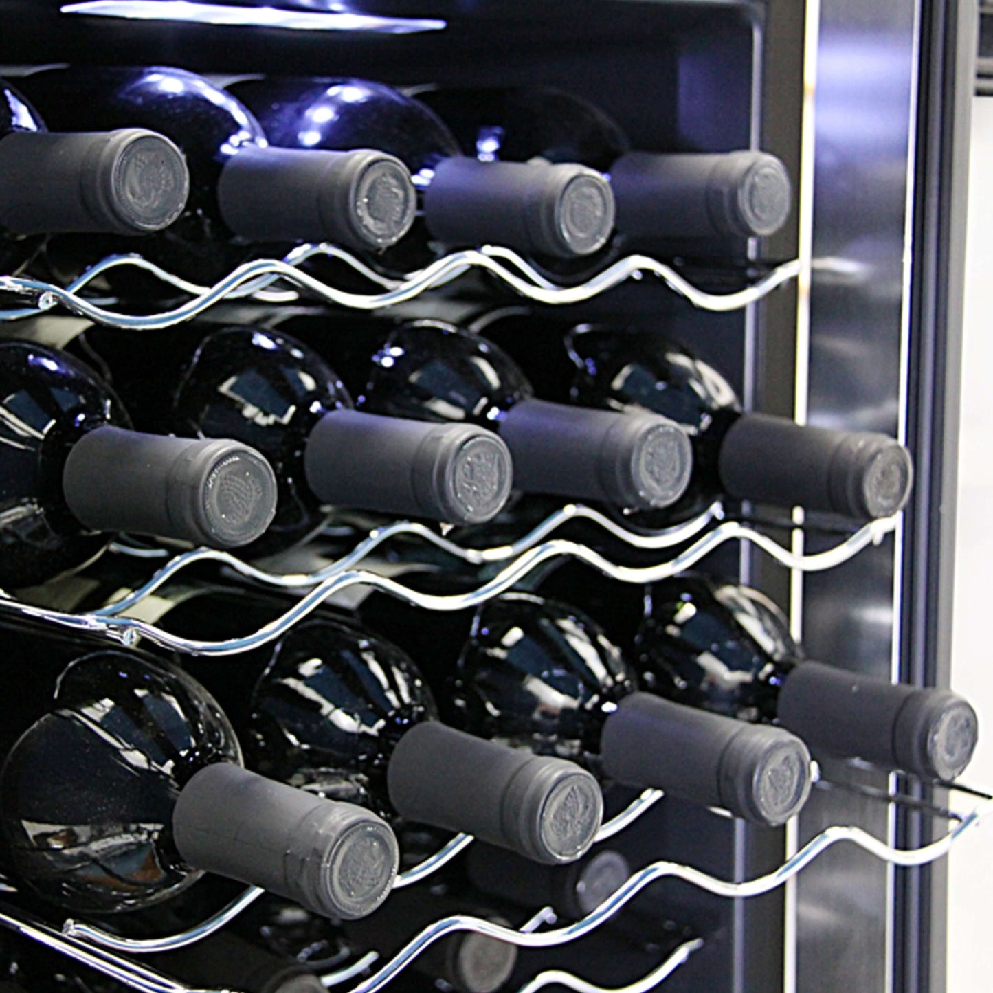 Whynter WC-201TD 20 Bottle Freestanding Thermoelectric Wine Cooler with Mirror Glass Door image of metal shelves