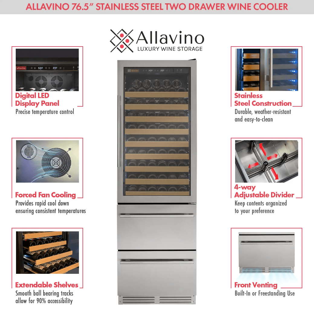 Allavino 108 Bottle Black or Stainless Wine Refrigerator with Two Refrigerated Drawers - Allavino - Buy at Wine Coolers Online