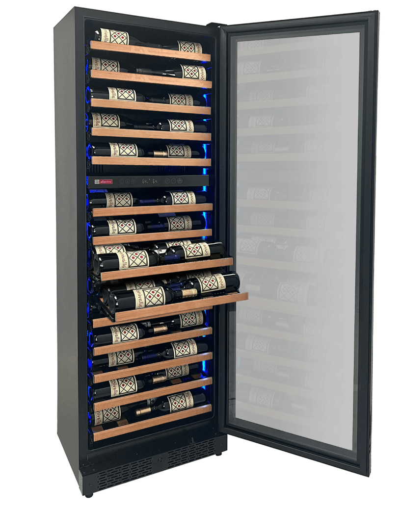 Allavino Reserva Series 67 Bottle 71" Tall Dual Zone Black Shallow Wine Refrigerator with Wood Front Shelves - Allavino - Buy at Wine Coolers Online