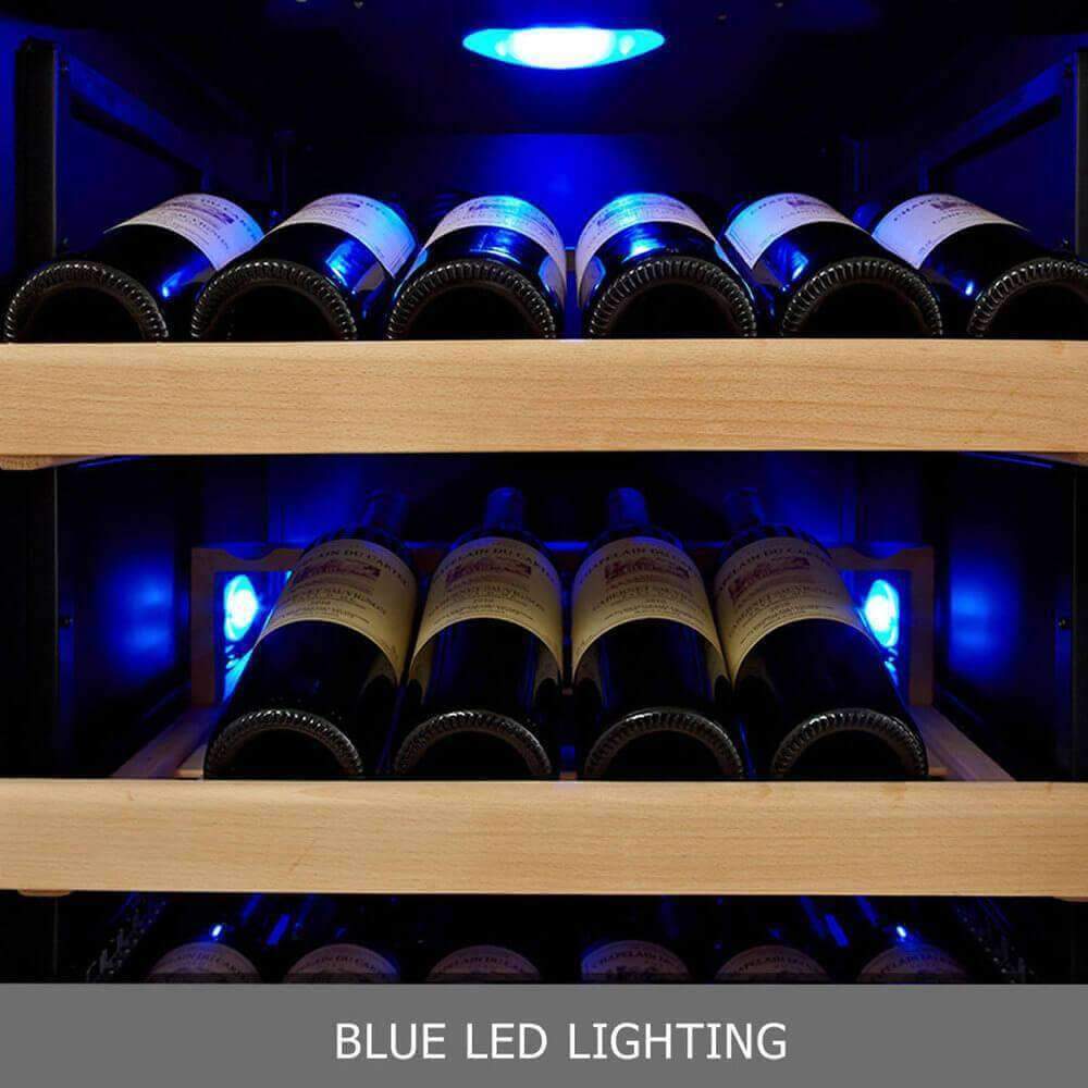 Premium 24-Inch Dual Zone Wine Refrigerator KBU50DX shelves with wine bottles
