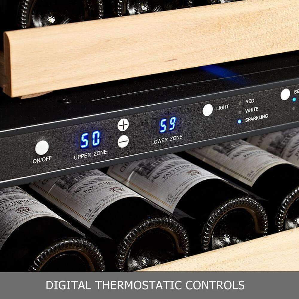 Premium 24-Inch Dual Zone Wine Refrigerator KBU50DX shelves with wine bottles