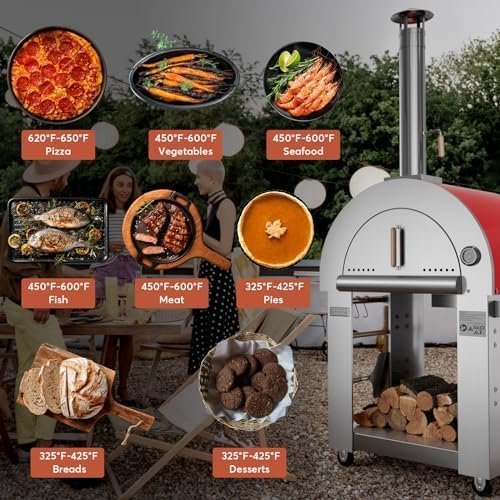 Empava Pizza Oven with Open Shelf and Wheels for Outdoor Kitchen, Wood Fire for Grill & Camping Backyard Party in Stainless Steel, 38.6 Inch, Italian Red - Ezonesglobal - Buy at Wine Coolers Online