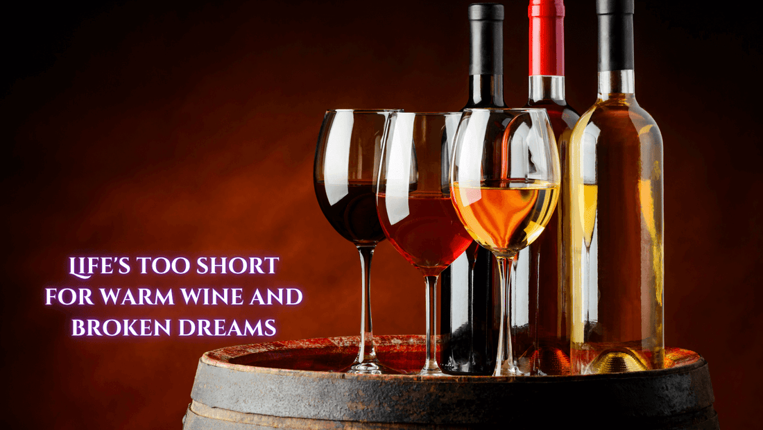 3 Wine bottles and 3 Wine glasses on the top of a standing wine barrell
