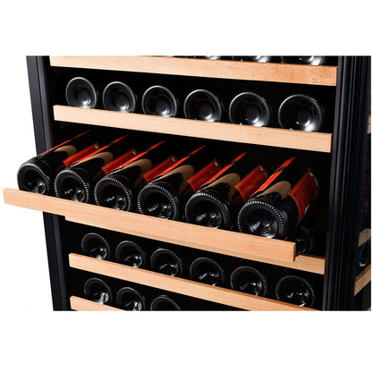 Smith & Hanks 166 Bottle Dual Zone Black Glass Wine Refrigerator image of wine bottles on wine shelf