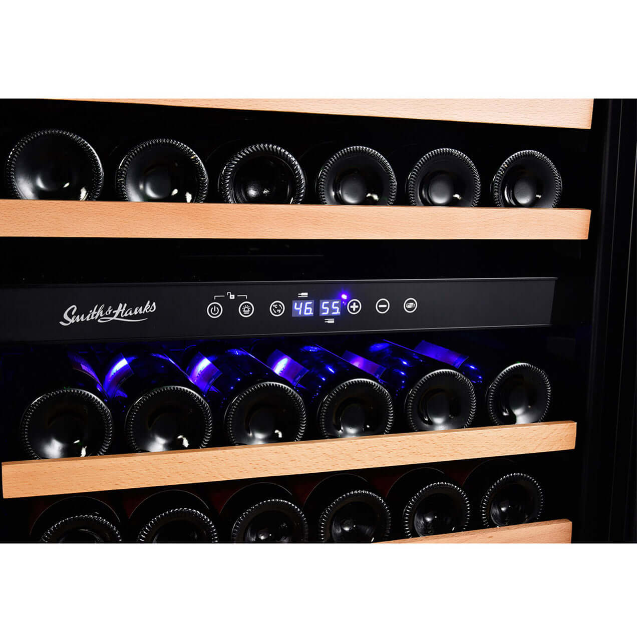 Smith & Hanks 166 Bottle Dual Zone Stainless Steel Wine Refrigerator image of temperature read out