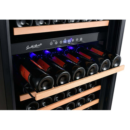 Smith & Hanks 166 Bottle Dual Zone Black Glass Wine Refrigerator image of wine bottles on wine shelf