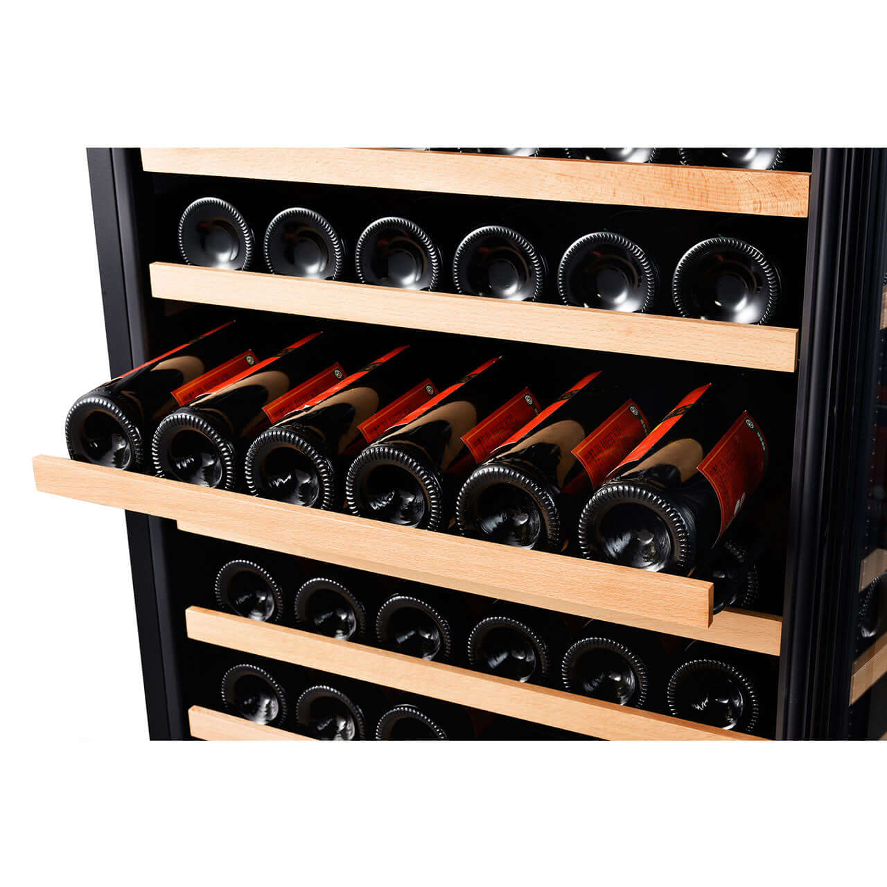 Smith & Hanks 166 Bottle Single Zone Black Glass Wine Refrigerator/Cooler image of wine bottles on wine shelf