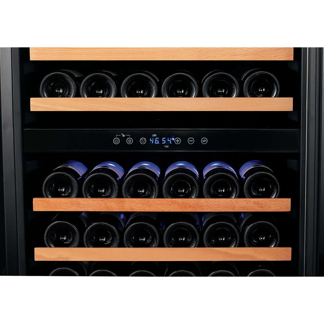 Smith & Hanks 166 Bottle Dual Zone Stainless Steel Wine Refrigerator image of interior lighting