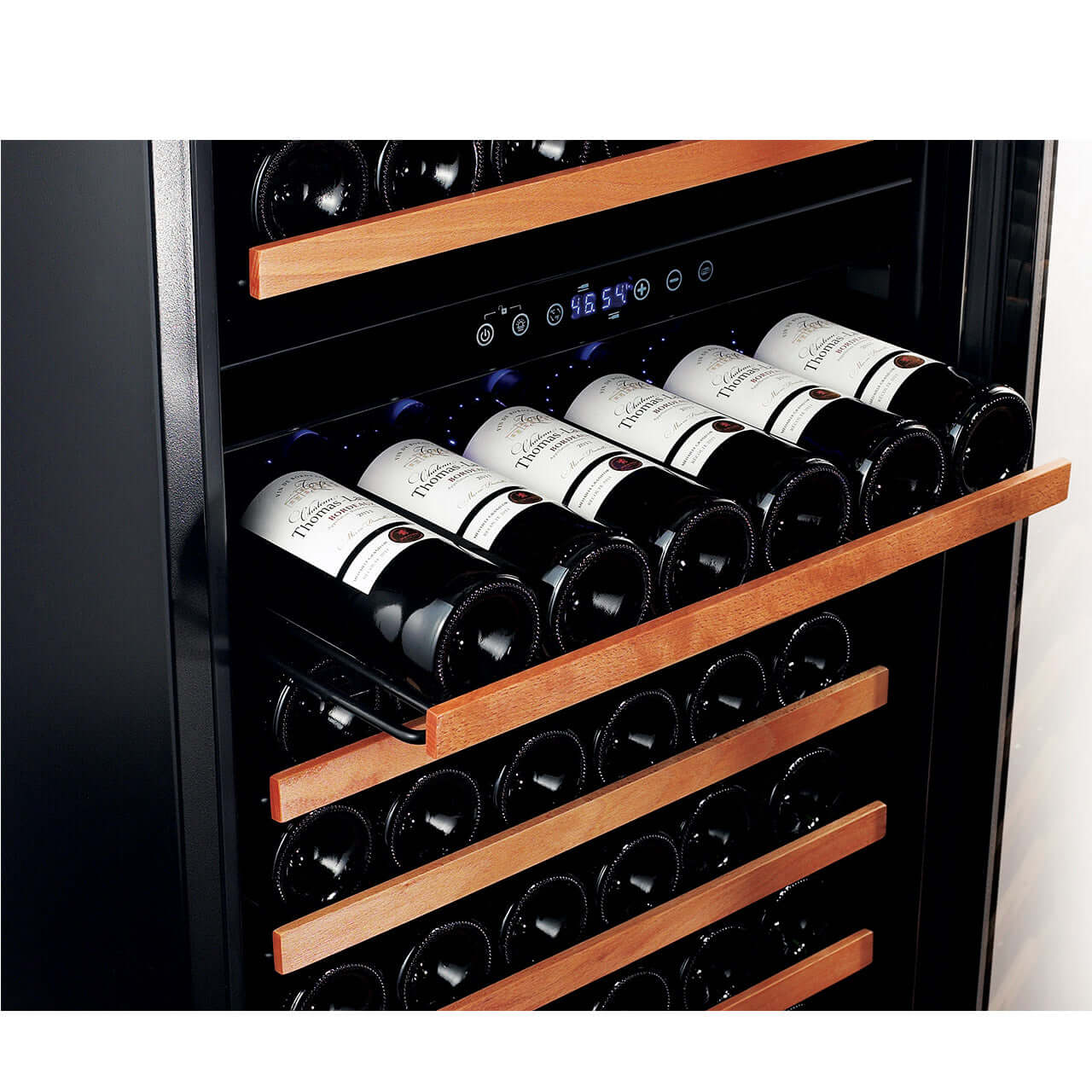 Smith & Hanks 166 Bottle Dual Zone Stainless Steel Wine Refrigerator image of wine bottles on wine shelf