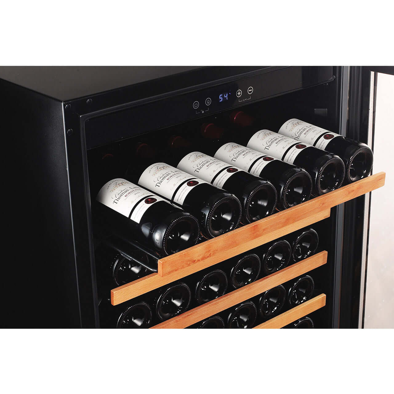 Smith & Hanks 166 Bottle Single Zone Stainless Steel Wine Refrigerator/Cooler image of wine bottles on shelf