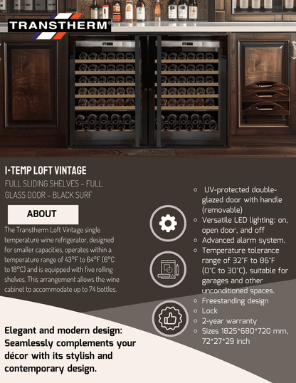 Transtherm Prestige Loft Wine Cabinet Glass Door Built into cabinet