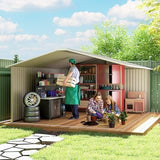 Outsunny 11′ x 13′ Outdoor Storage Shed, Garden Tool Metal Shed with Foundation Kit, Double Lockable Door, Air Vents and Sloping Roof, for Backyard, Patio, Lawn, Light Gray