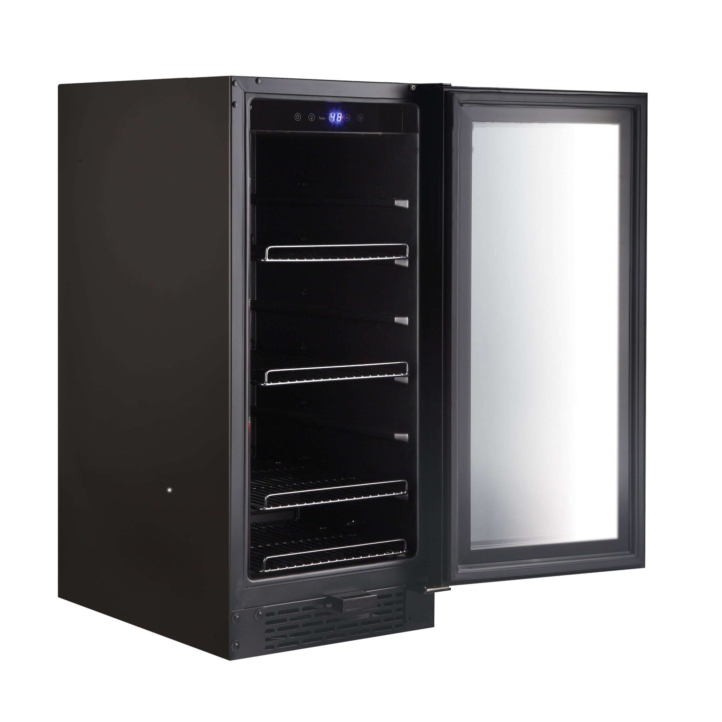 15″ Built-in Black Glass 100-can capacity 3.0 cu ft. Beverage Refrigerator/Cooler with door open | BBR-801BG