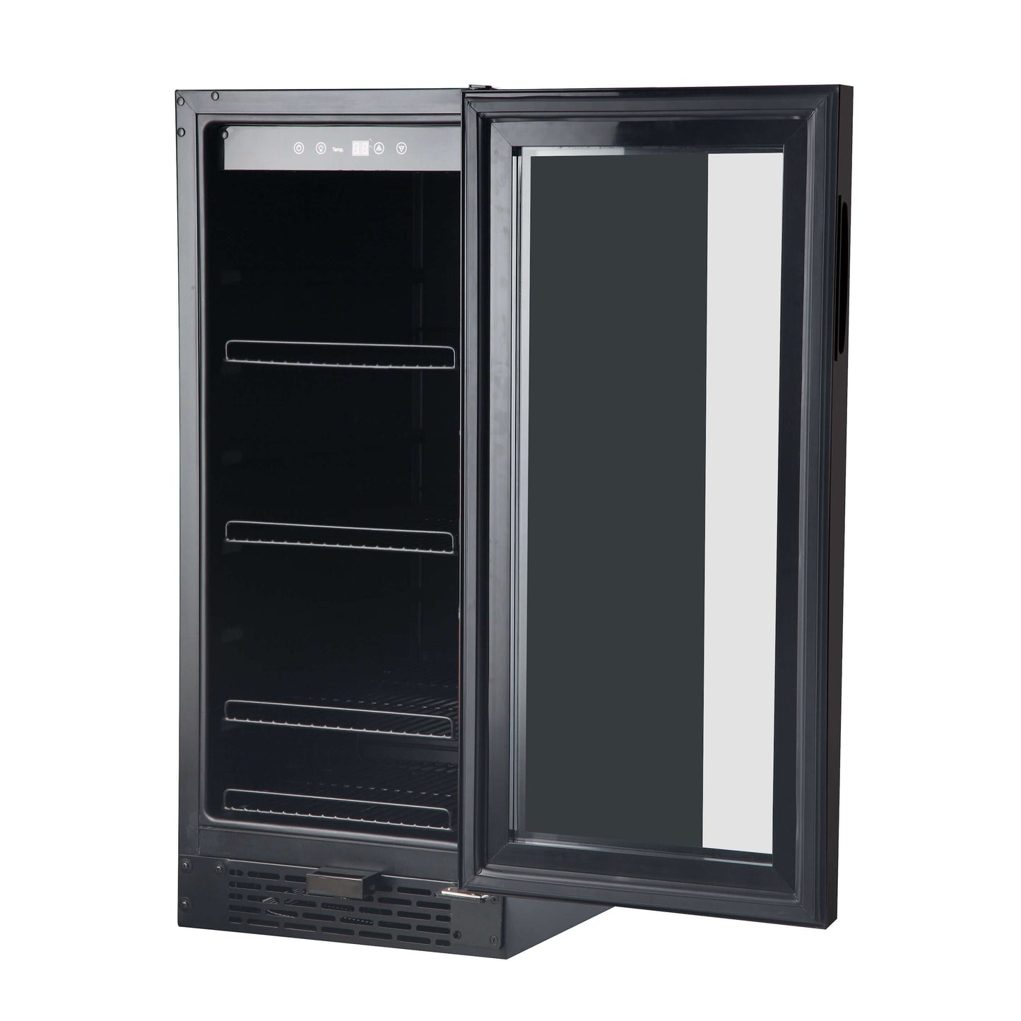 15″ Built-in Black Glass 100-can capacity 3.0 cu ft. Beverage Refrigerator/Cooler with door open | BBR-801BG