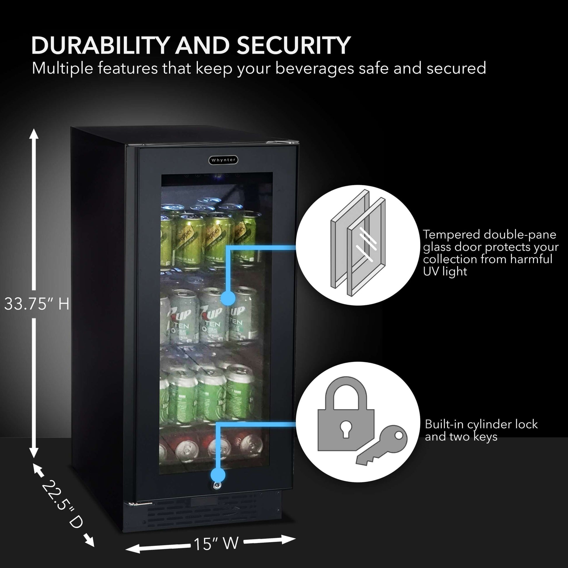 15″ Built-in Black Glass 100-can capacity 3.0 cu ft. Beverage Refrigerator/Cooler | BBR-801BG