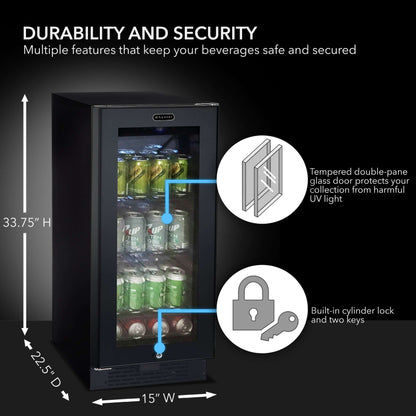 15″ Built-in Black Glass 100-can capacity 3.0 cu ft. Beverage Refrigerator/Cooler | BBR-801BG