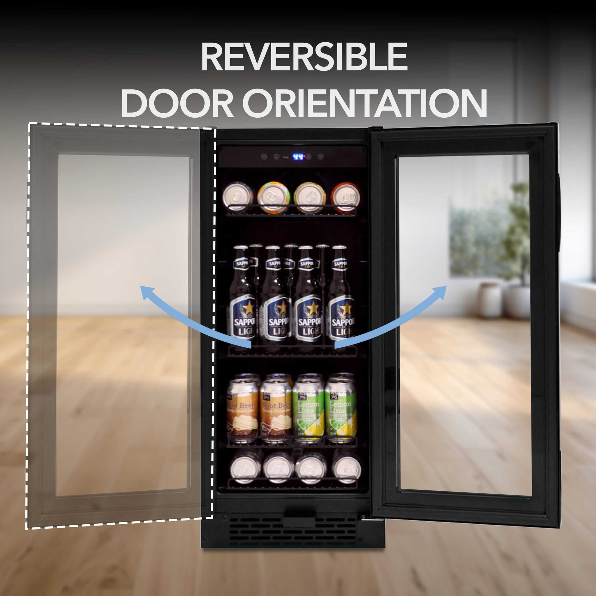 15″ Built-in Black Glass 100-can capacity 3.0 cu ft. Beverage Refrigerator/Cooler with door open | BBR-801BG