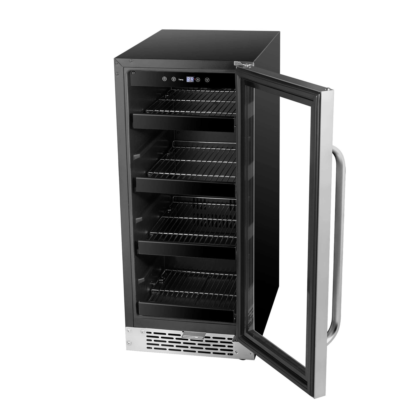 15″ Built-In 112 Can Under-counter Stainless Steel Beverage Refrigerator/Cooler with door open | BBR838-SB