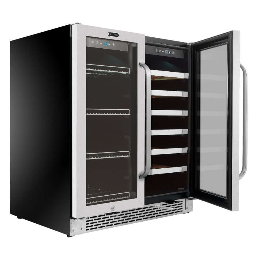 30″ Built-In French Door Dual Zone Wine & Beverage Refrigerator/Cooler with one door open | BWB-3388FDS