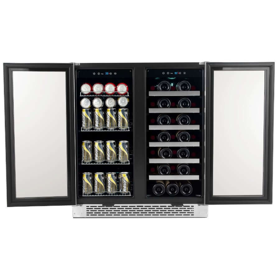 30″ Built-In French Door Dual Zone Wine & Beverage Refrigerator/Cooler with both doors open | BWB-3388FDS