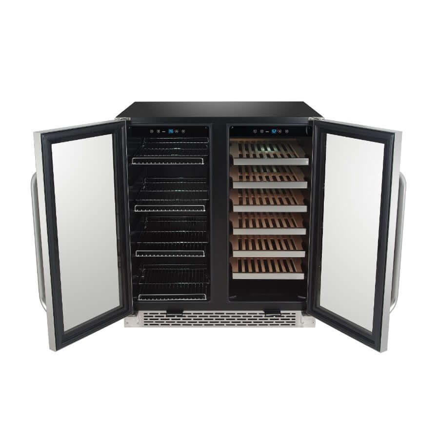 30″ Built-In French Door Dual Zone Wine & Beverage Refrigerator/Cooler with both doors open | BWB-3388FDS