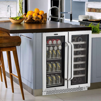 30″ Built-In French Door Dual Zone Wine & Beverage Refrigerator/Cooler built into cabinet | BWB-3388FDS