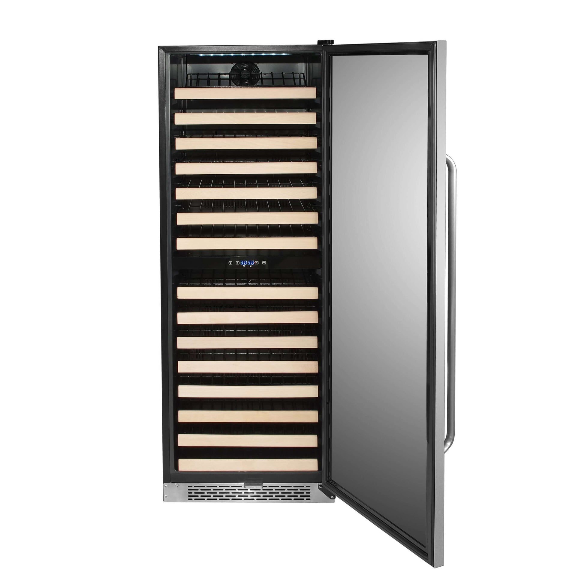 24″ 166 Bottle Large Capacity Built-in Stainless Steel Wine Cooler/Refrigerator with door open| BWR-1642DZ