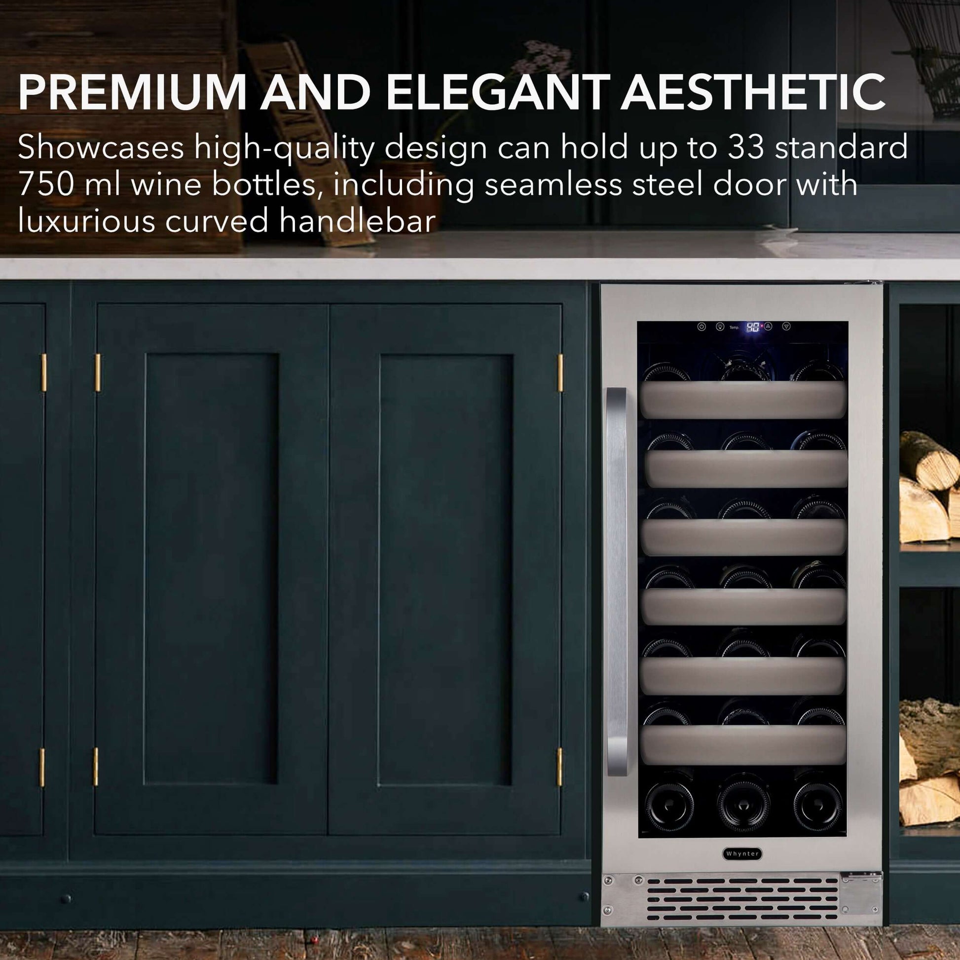 15″ 33 Bottle Seamless Stainless Steel Door Single Zone Built-in Wine Refrigerator/Cooler BWR-331S Built into cabinet