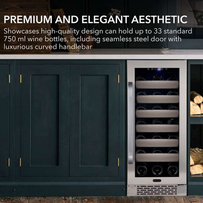 15″ 33 Bottle Seamless Stainless Steel Door Single Zone Built-in Wine Refrigerator/Cooler BWR-331S Built into cabinet