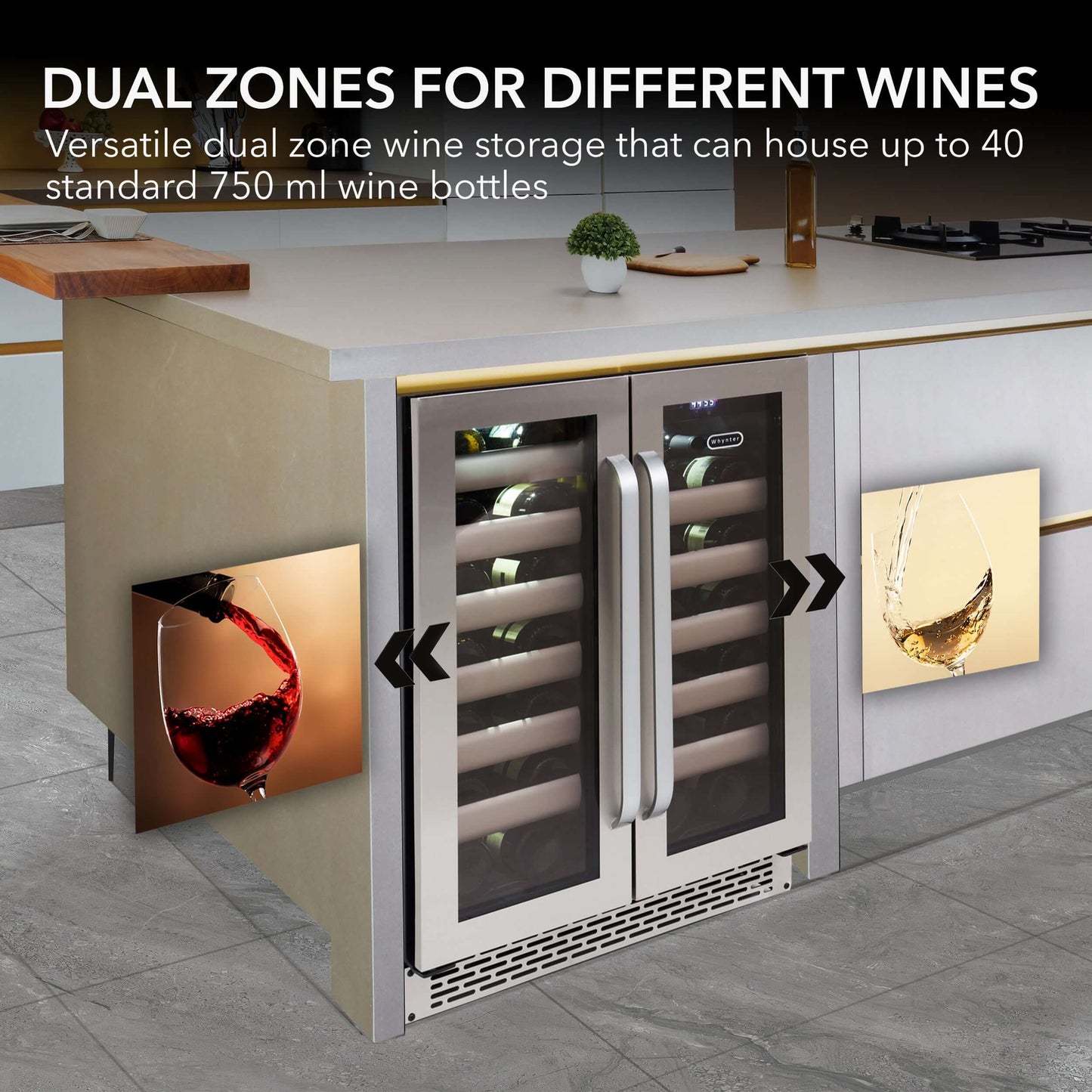 40 Bottle Seamless Stainless Steel Door Dual Zone Built-in Wine Refrigerator/Cooler BWR-401DS Built into Cabinet