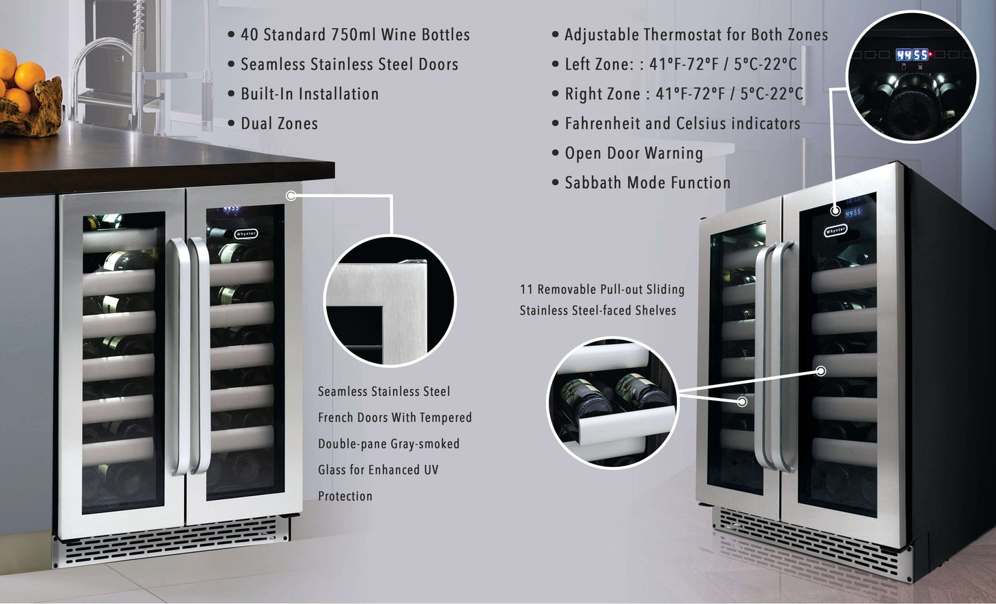 40 Bottle Seamless Stainless Steel Door Dual Zone Built-in Wine Refrigerator/Cooler BWR-401DS Built into Cabinet