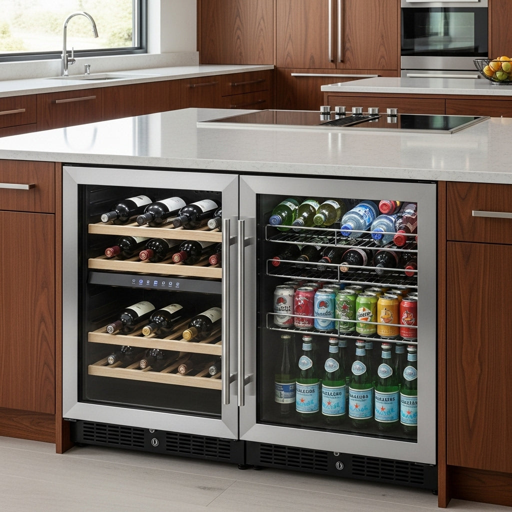 Modern kitchen with a dual-zone refrigerator displaying wine and beverages.