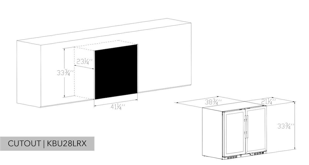 Cutout dimensions for the KBU28LRX under-counter wine and beer fridge combo, showcasing installation requirements.