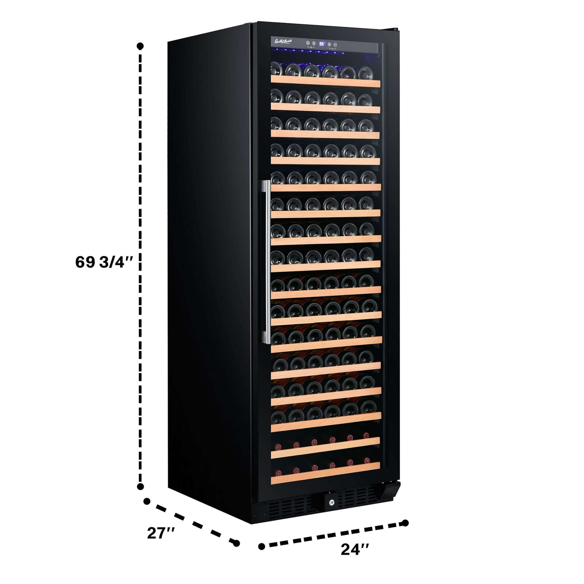 Smith & Hanks 166 Bottle Single Zone Black Glass Wine Refrigerator/Cooler image of unit dimensions