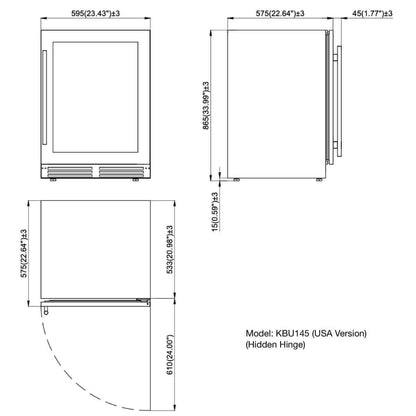 48" Ultimate Under Bench Wine Fridge and Bar Refrigerator Combo with 3 Temp. Zones image of sizing diagram | KBU145BW3