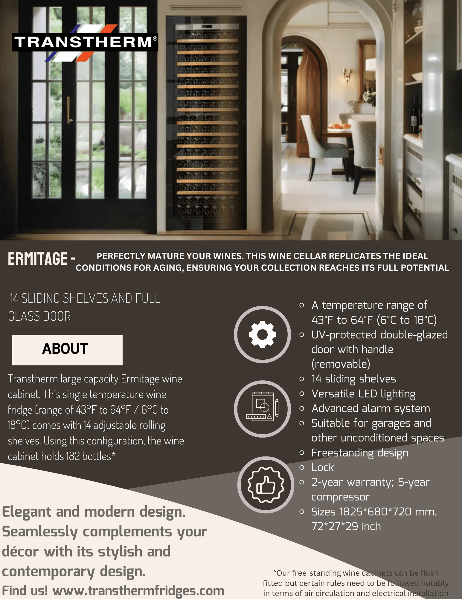 Transtherm Ermitage Glass Black Single Zone 182 Bottle Wine Cooler information product sheet