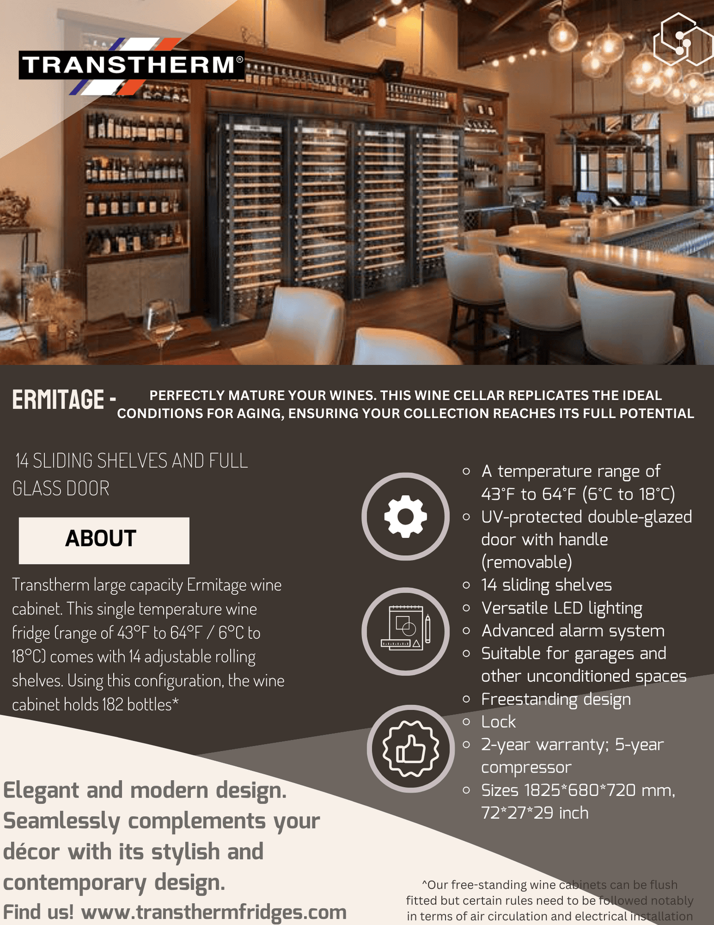 Transtherm Ermitage Glass Black Single Zone 182 Bottle Wine Cooler information product sheet