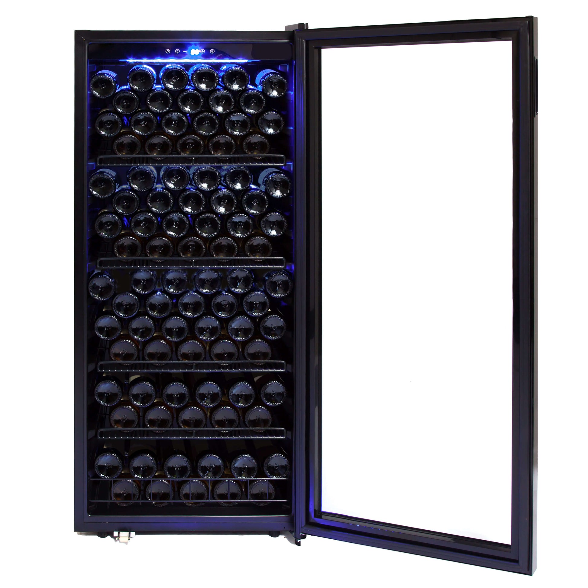 124 Bottle Freestanding Wine Cooler/Refrigerator with door open| FWC-1201BB