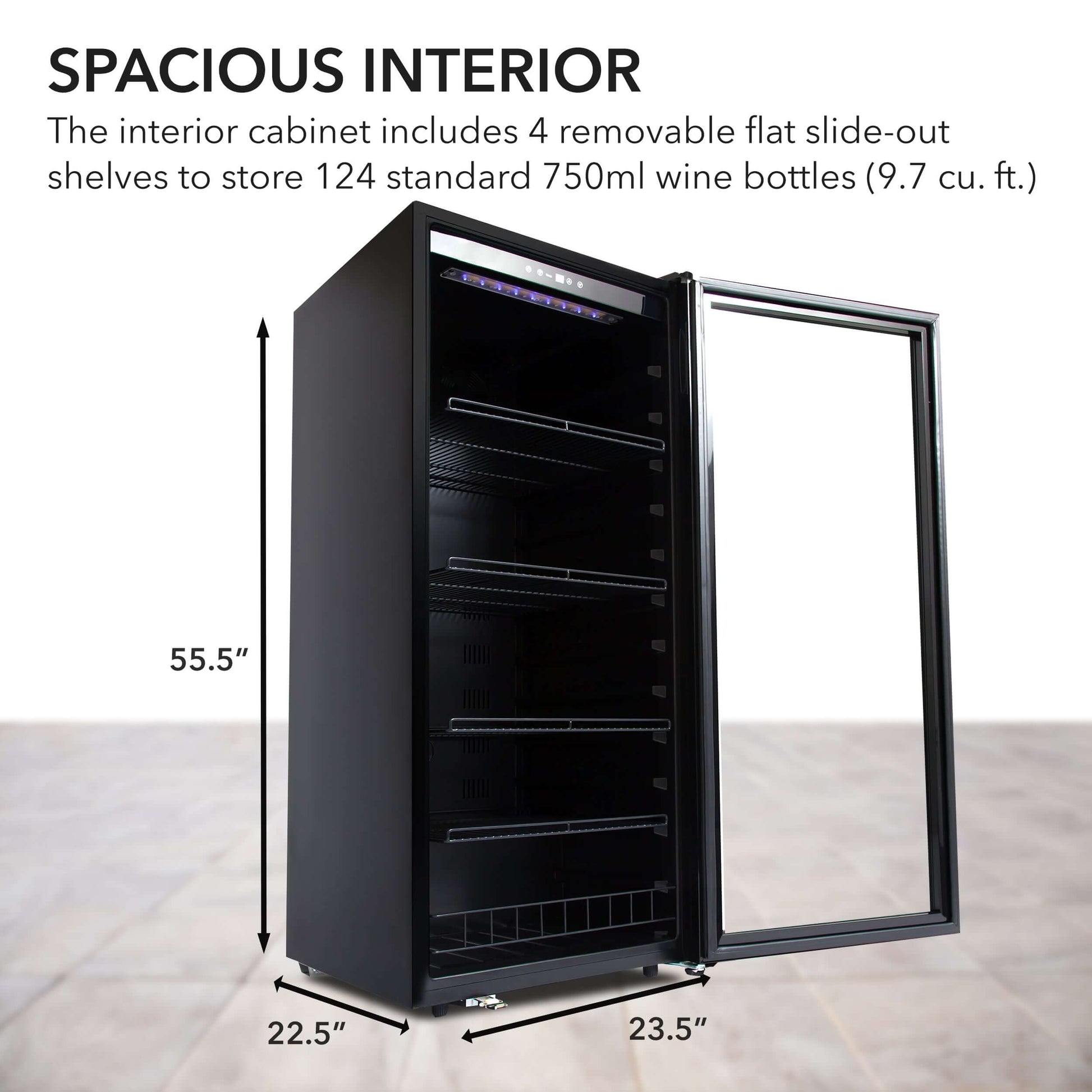 124 Bottle Freestanding Wine Cooler/Refrigerator with door open| FWC-1201BB