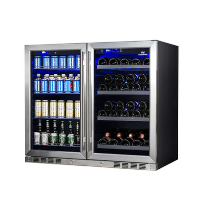 39-inch under-counter wine and beer fridge combo with dual-zone cooling and LED lighting, showcasing drinks and bottles inside.