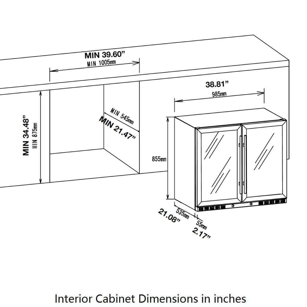 Interior dimensions diagram of the KBU28LRX under-counter wine and beer fridge combo, showing minimum space requirements in inches.