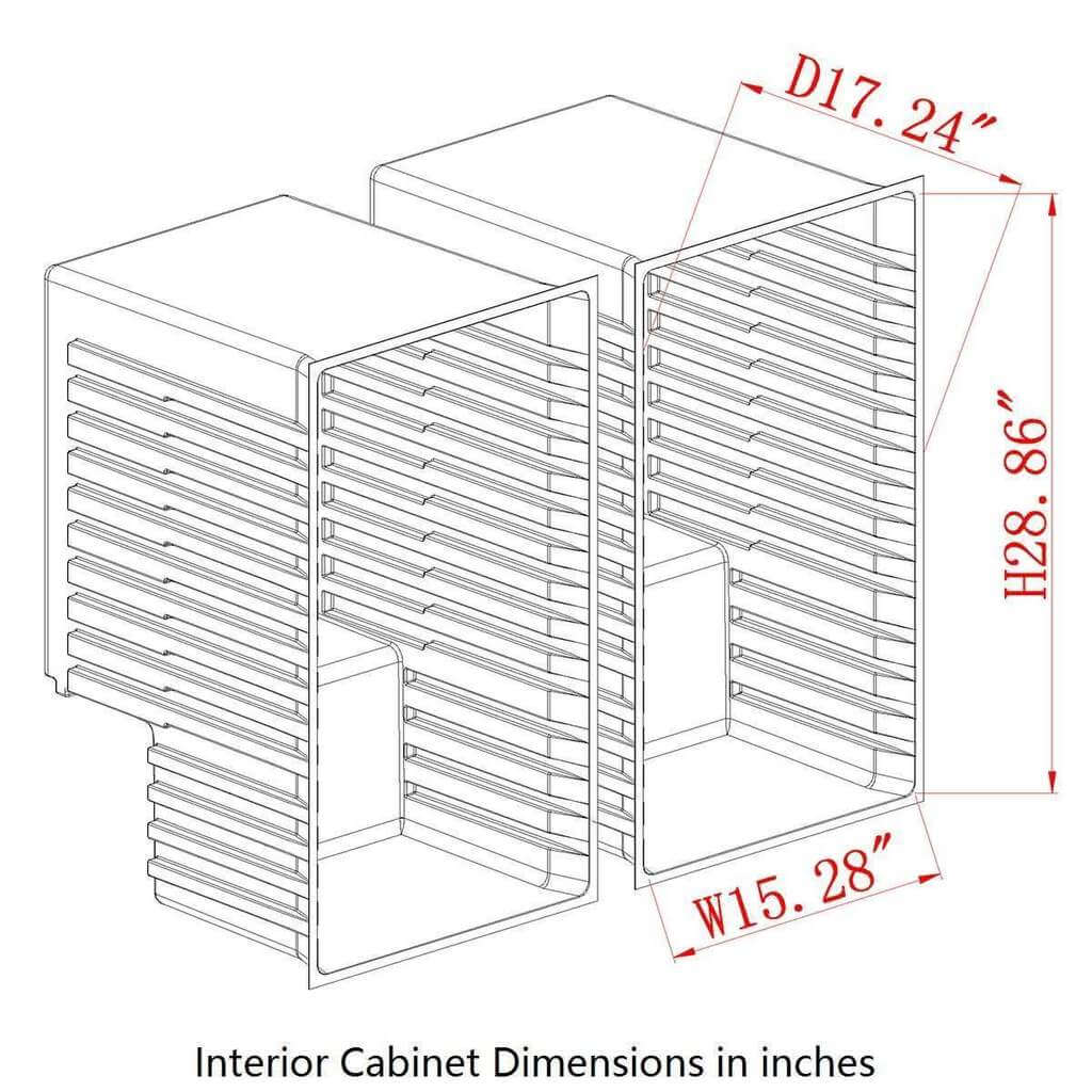 Interior cabinet dimensions of the KBU28LRX under-counter wine and beer fridge combo, showing measurements in inches.