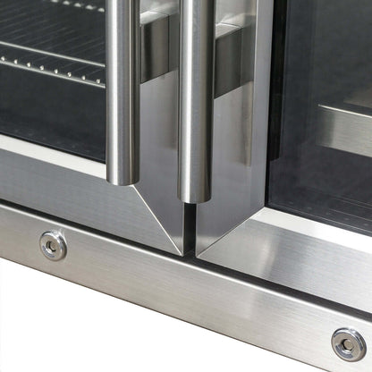 Close-up of the polished stainless steel handles and edges of the KBU28LRX under-counter wine and beer fridge combo.