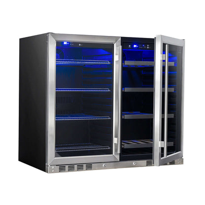 39 inch under-counter wine and beer fridge combo with dual zones and blue interior lighting, model KBU28LRX-SS.