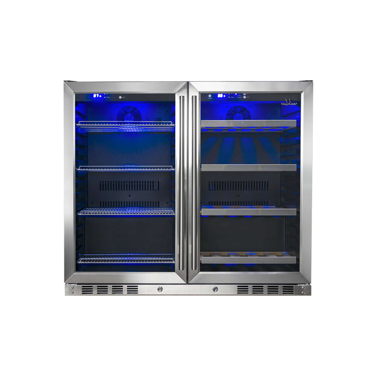 39-inch under counter wine and beer fridge combo with stainless steel finish and blue interior lighting.