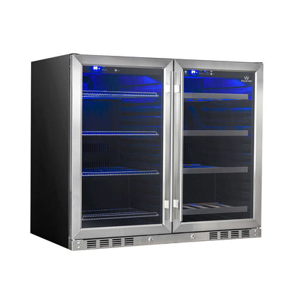 39 inch under counter wine and beer fridge combo with dual-zone cooling and blue LED lighting, model KBU28LRX-SS.