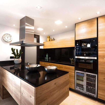 Modern kitchen featuring sleek cabinetry, black countertop, and an integrated wine and beer fridge.