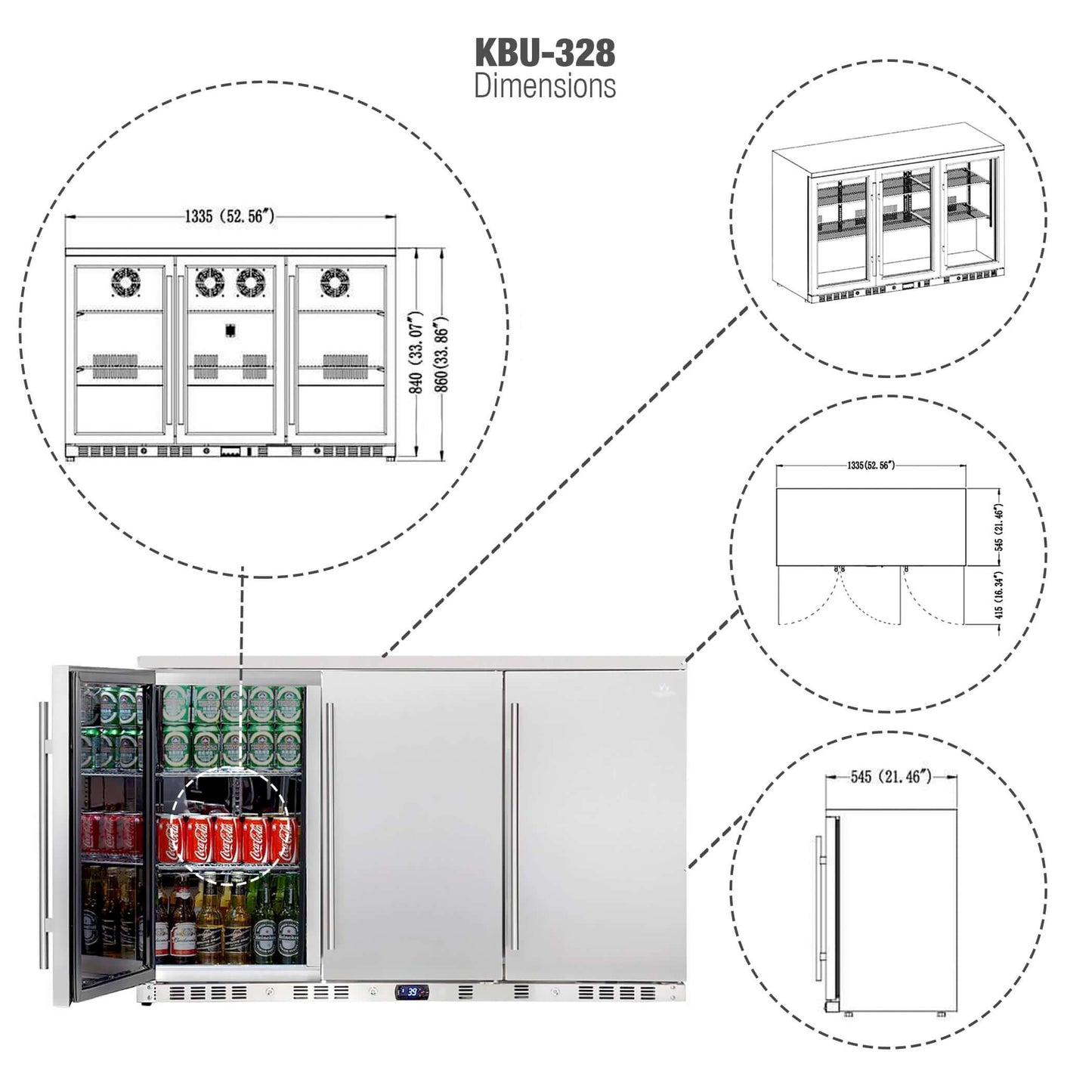 53 Inch Solid 3-Door Outdoor Beverage Drinks Cooler KBU328ASD dimensions