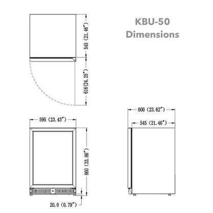 24 Inch Under Counter LOW-E Glass Door Single Zone Wine Cooler | KBU145WX-FG image of dimensions