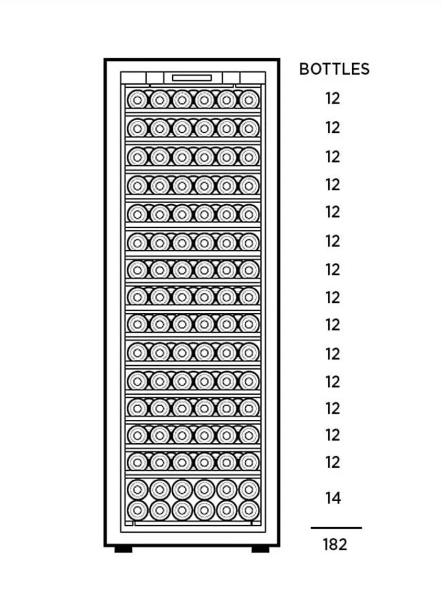 Transtherm Ermitage Glass Black Single Zone 182 Bottle Wine Cooler diagram of bottles stacked in cooler